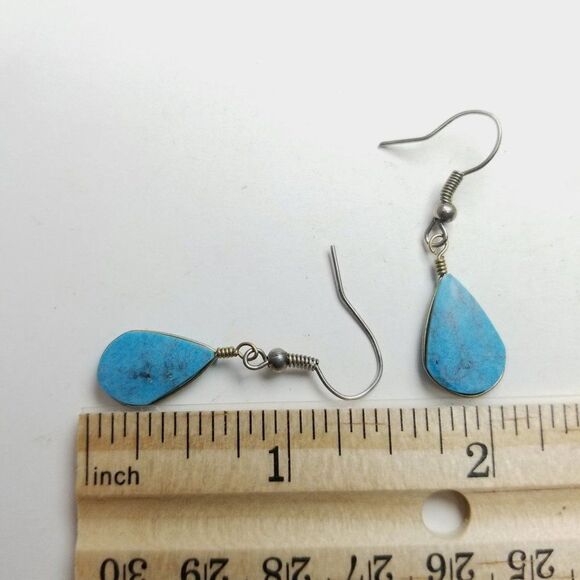 Vintage Blue Wire Wraped Drop Shape Dangle Earrings, Minimal Lightweight - Picture 3 of 5
